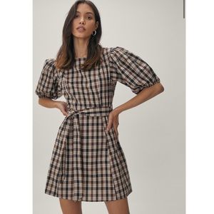 NWT Check Puff Sleeve Belted Mini Dress
